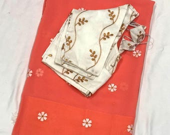 Beautiful Combination Thread Embroidery Chiffon Georgette Saree with Embroidery Designer Blouse 34-42