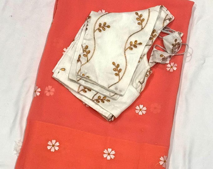 Beautiful Combination Thread Embroidery Chiffon Georgette Saree with Embroidery Designer Blouse 34-42