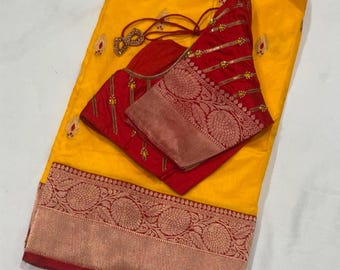 Katan Silk Saree: Handwork Blouse, Buti Detail, Pure Silk (Size 34-42)