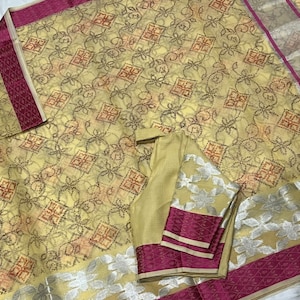 Beautiful combination Cotton Mix Fancy  saree with blouse 34-42 size