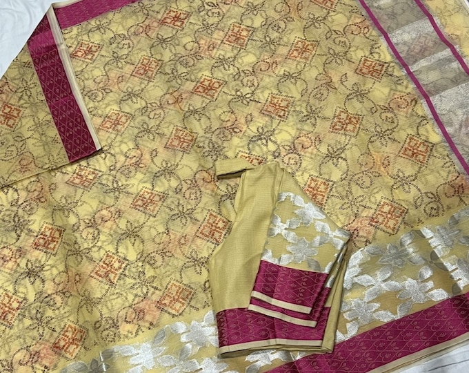 Beautiful combination Cotton Mix Fancy  saree with blouse 34-42 size