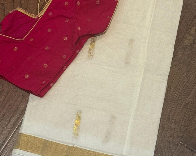 Kerala Cotton Saree with silk  border with Blouse 34-44 size.