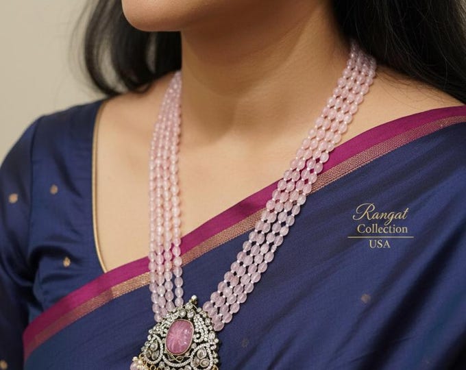 Pink Beaded Victorian Mala Necklace with Earrings