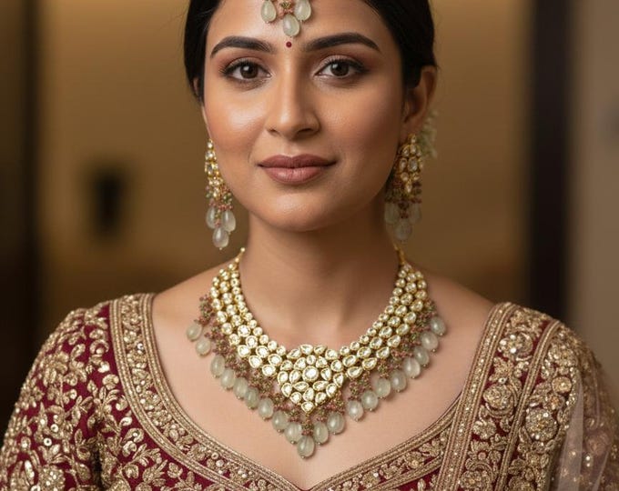Grand Kundan Necklace with Earrings and Tikka