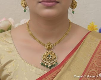 Elegant Gold Replica Necklace Set with Emerald Beads and Polki Stones