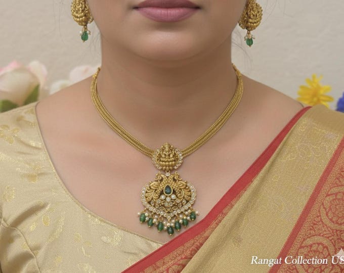 Elegant Gold Replica Necklace Set with Emerald Beads and Polki Stones