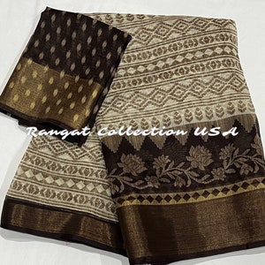 Cotton Silk Saree with Brown Border & Unstitched Blouse