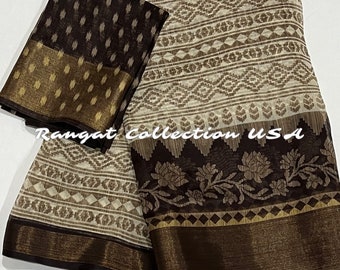 Cotton Silk Saree with Brown Border & Unstitched Blouse