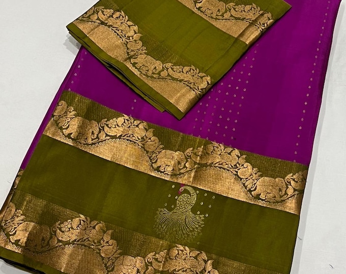 Handloom Pure Silk  Kanchipuram Silk Saree With Contrast Unstitched Blouse