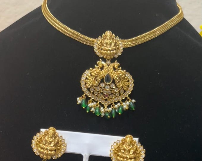 Elegant Gold Replica Necklace Set with Emerald Beads and Polki Stones