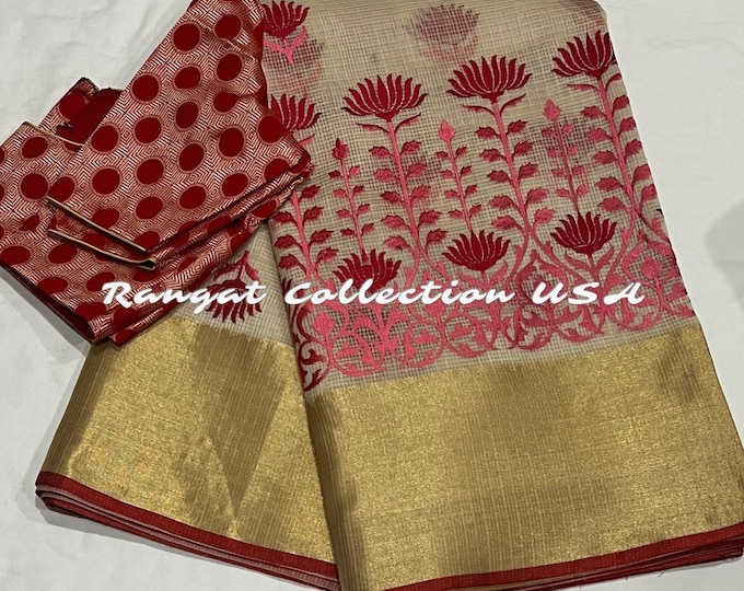 Handloom Floral Embroidery Silk saree with blouse