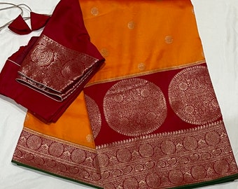 Benarus Pure Silk Saree: Kanchi Border, Silk Blouse (Fits 34-42 inches)