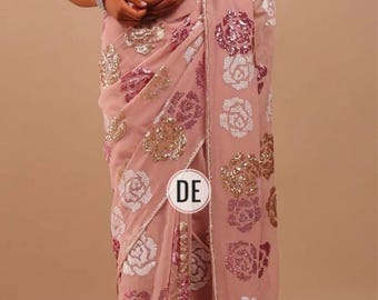 Floral Sequin Georgette Saree with Blouse 34-48 size