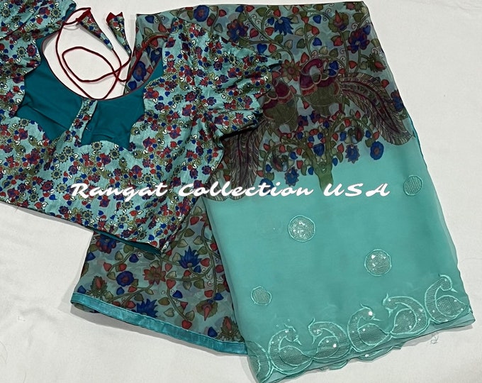 Kalamkari Peinted  saree with Sequence Embroidery Border and blouse