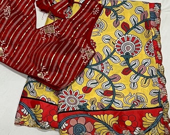 Kalamkari Crepe Silk Saree: Yellow Border, Ready-to-Wear Blouse (Size 38-42)