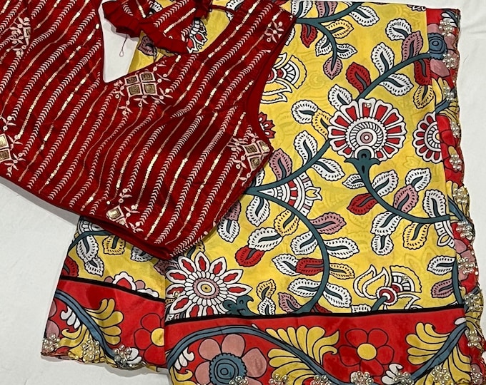 Beautiful Purple Kalamkari Crepe Silk Saree with Yellow Border and Ready-to-Wear Blouse (Size 38-42)