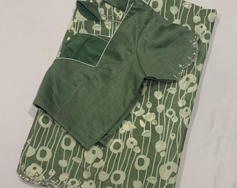 Shiny Crepe Saree: Crystal Border, Adjustable Blouse (Size 34-42)