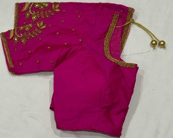 Hand Embroidered Silk Saree Blouse: Kalamkari Floral, Padded Front-Open (Size 34-42 Adjustable)