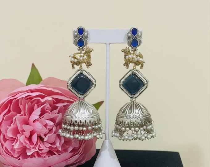Silver Replica Jhumka Earrings: Blue Stone Indian Jewelry