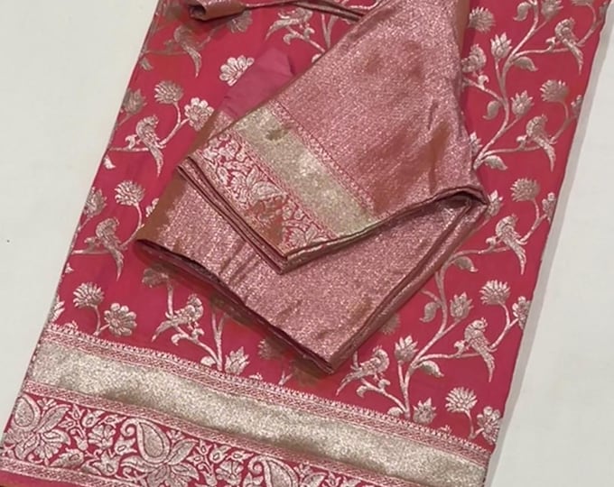 Handloom Paithani Silver Parrots Design Silk saree with blouse 34-42 size.
