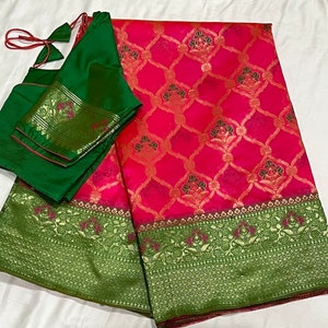 Pink and green Silk Saree with  blouse