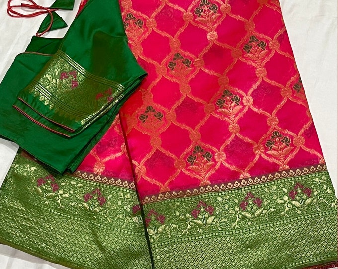 Pink and green Silk Saree with  blouse