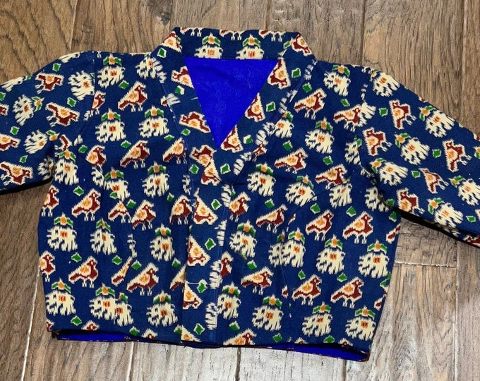 Blue Cotton Patola printed Stitched Saree blouse - High Neck