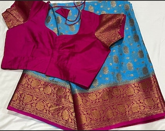 Benarus Georgette Silk Saree with Conteast Blouse fits 34-42 size