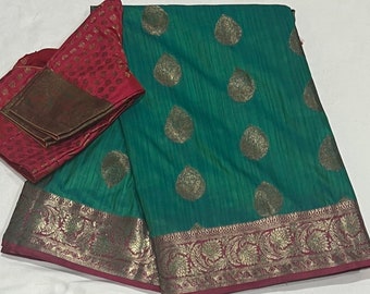 Tussar Silk Saree with Gold Floral Weaving and Zari Border | Ready-to-Wear Blouse