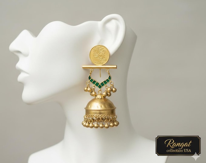 Gold-Tone Jhumka Earrings: Green Jadau Stone Indian Jewelry