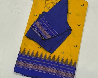 Gorgeous Khun Embroidery Silk Saree with Temple border and paired with Contrast Blouse | Sizes 32-42 | Fall & Pico Done