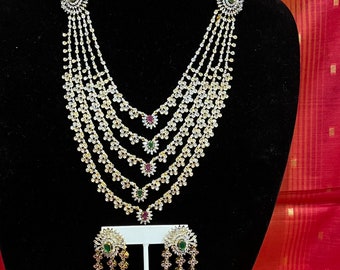 AD Layered Mala Necklace with Earrings: Grand Indian Jewelry Set