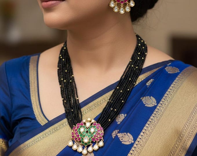 Jadau Polki Pendant Necklace & Earrings Set: Beaded Jewelry