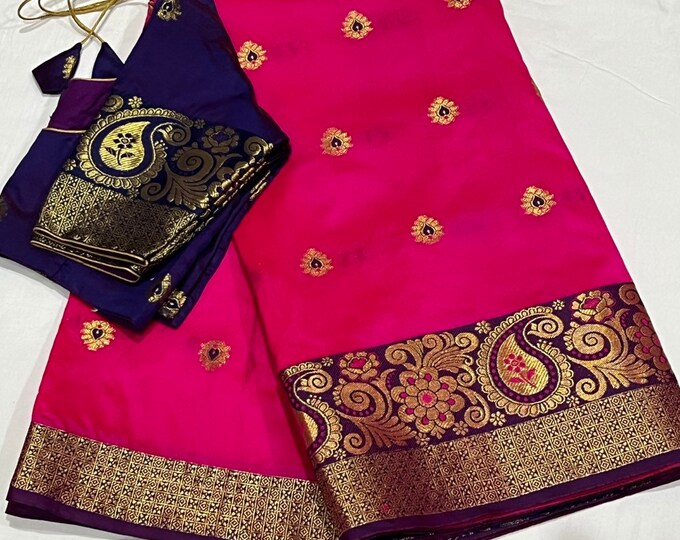 Beautiful combination Benarus Semi Silk Saree with Blouse