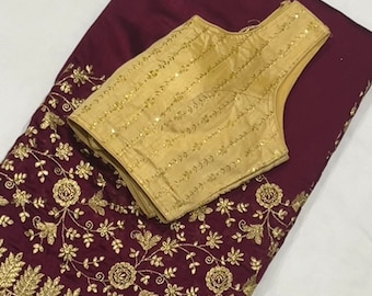 Pure Chiffon Georgette Embroidery Saree with Stitched Blouse (Size 34–40)