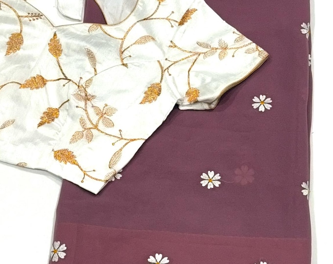 Beautiful Combination Thread Embroidery Chiffon Georgette Saree with Embroidery Designer Blouse 34-42