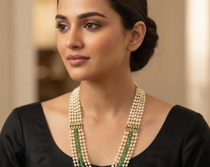 Pearl and Green Beads Layered Long Mala Necklace