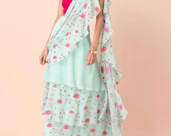 Floral Chiffon Ruffled  Saree Skirt with Sleeveless Contrast Pink Blouse