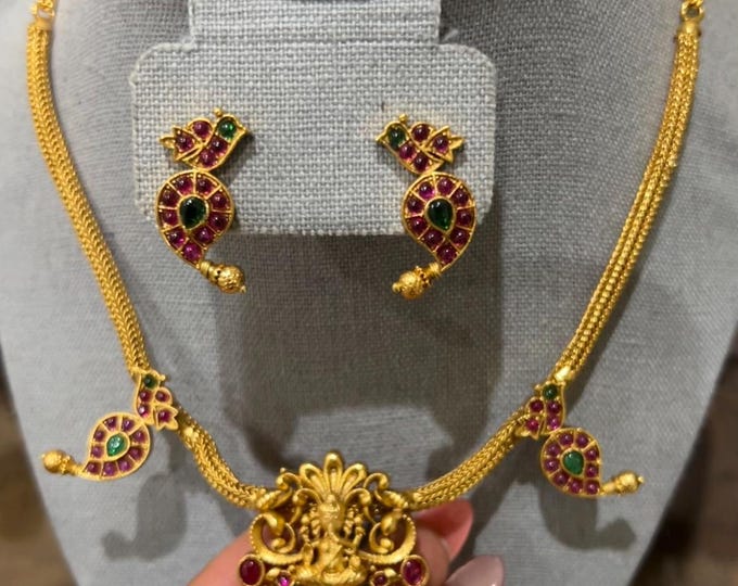 Elegant Gold Replica Necklace Set with Emerald  and ruby Stones with earrings