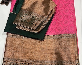 Pink Full Zari Weaving Kanchivaram Silk Saree with Blouse 34-44 size