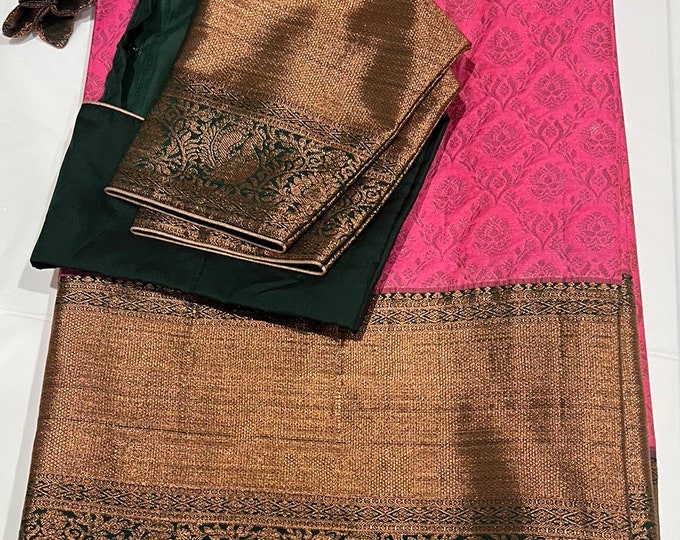 Pink Full Zari Weaving Kanchivaram Silk Saree with Blouse 34-44 size