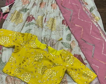 Embroidered Georgette Lehenga Choli: White & Pink, Fits 32-42 Inches