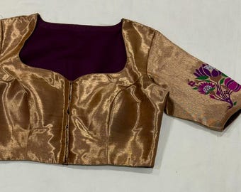Paithani Lotus Design Silk Blouse: Zari Work, Adjustable Fit (Size 34-42)