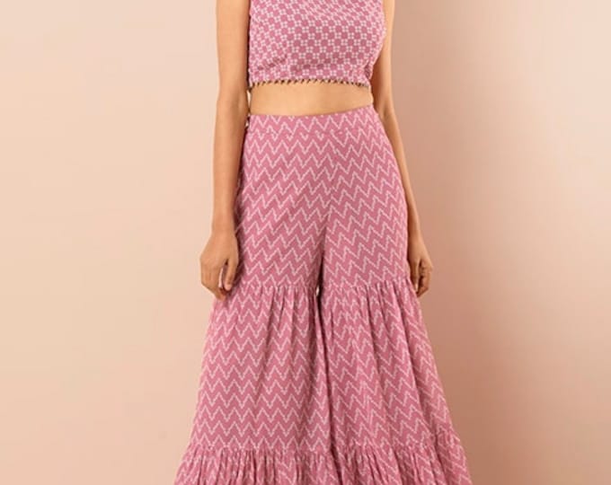 High Quality Pink Bhandini Tiered ikkath printed Sharara Pant with Croptop