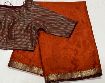 Brick Red Silk Saree with Brocade Blouse