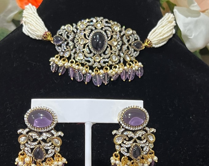 Gorgeous Pearl and purple beads long Victorian Choker with ear rings