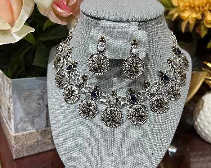 Gorgeous German Silver Dual Tone Laksmi Necklace with Small Studs.