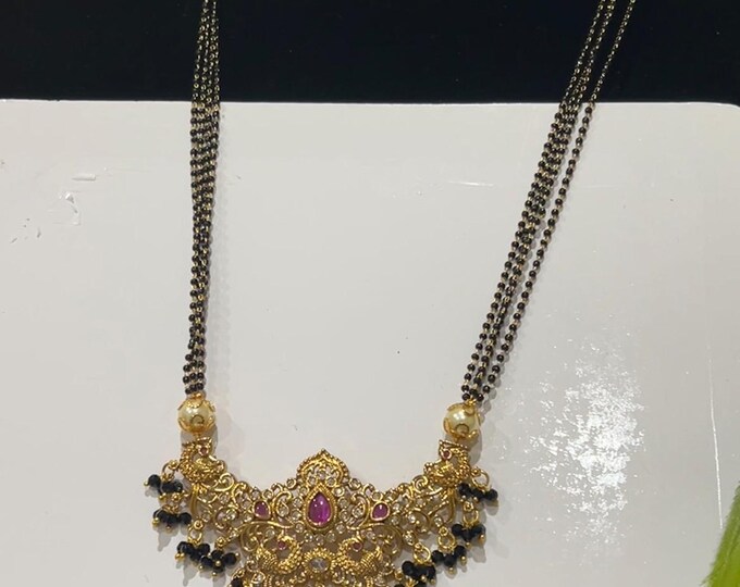 Gorgeous Black Beads Long Layered One Gram Gold Mala with Earrings/Mangala Sutra or Tali