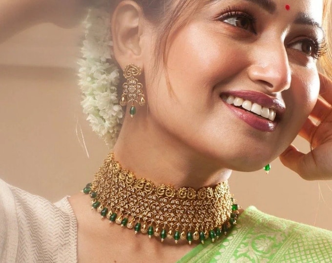 Antique Gold Choker Set: CZ Stone Peacock Necklace & Earrings