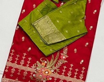 Benarasi Georgette Saree: Maroon & Gold, Green Blouse (34-44 inches)